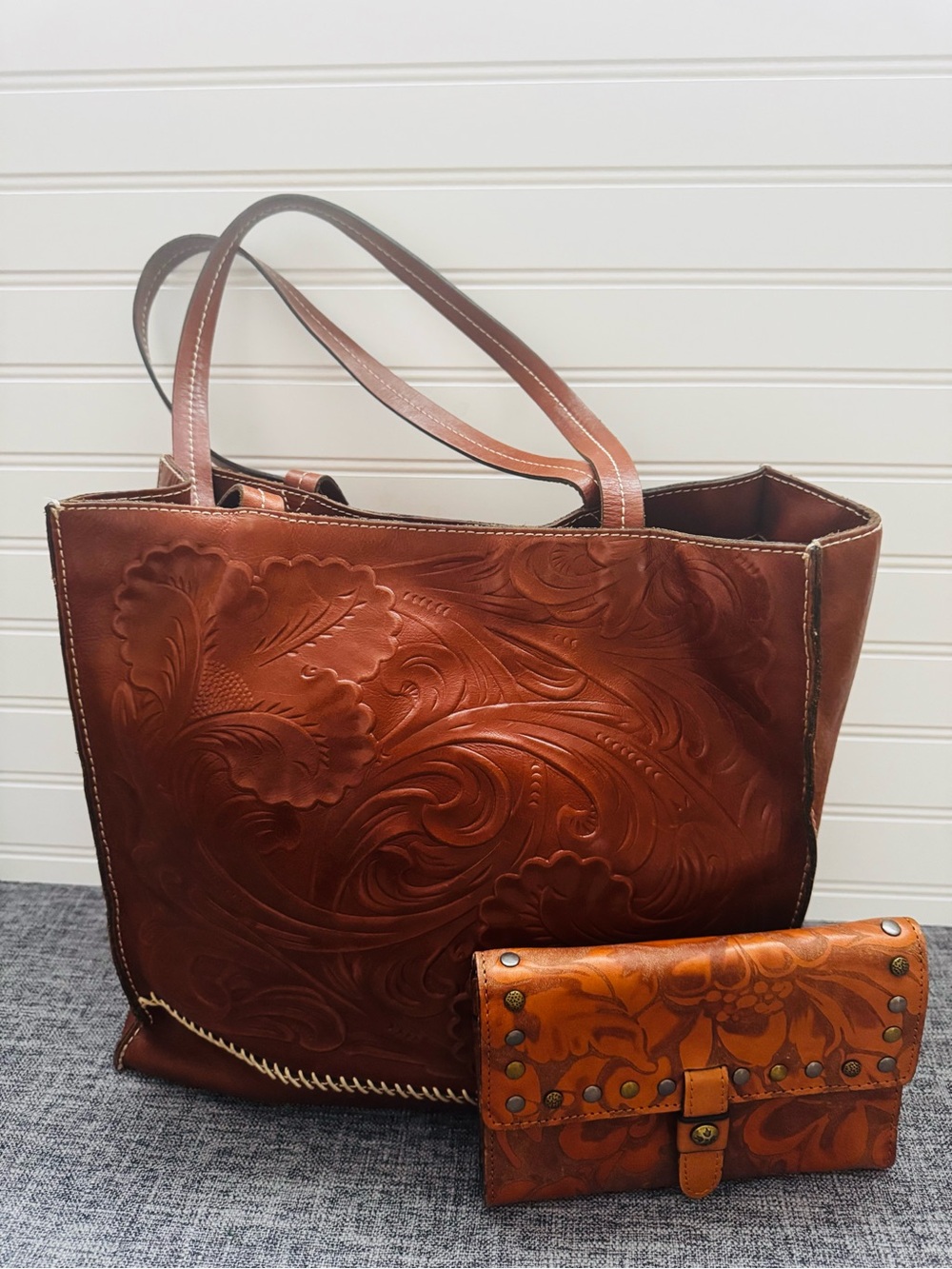 Patricia Nash Brown Leather Tote Bag with Matching Wallet